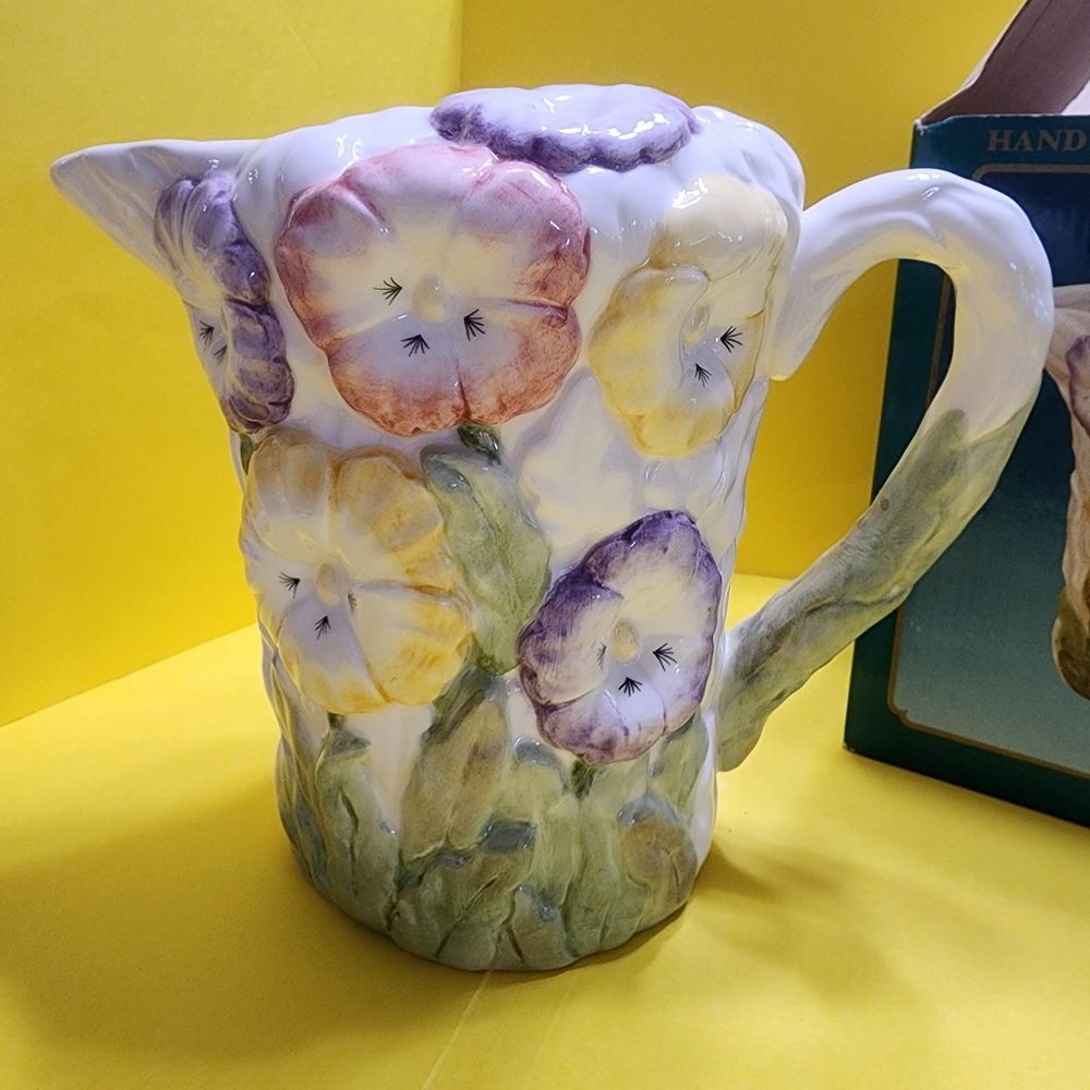 Mirobella Hand Painted Ceramic Raised Floral Design Drink Pitcher New in Box 🌸
